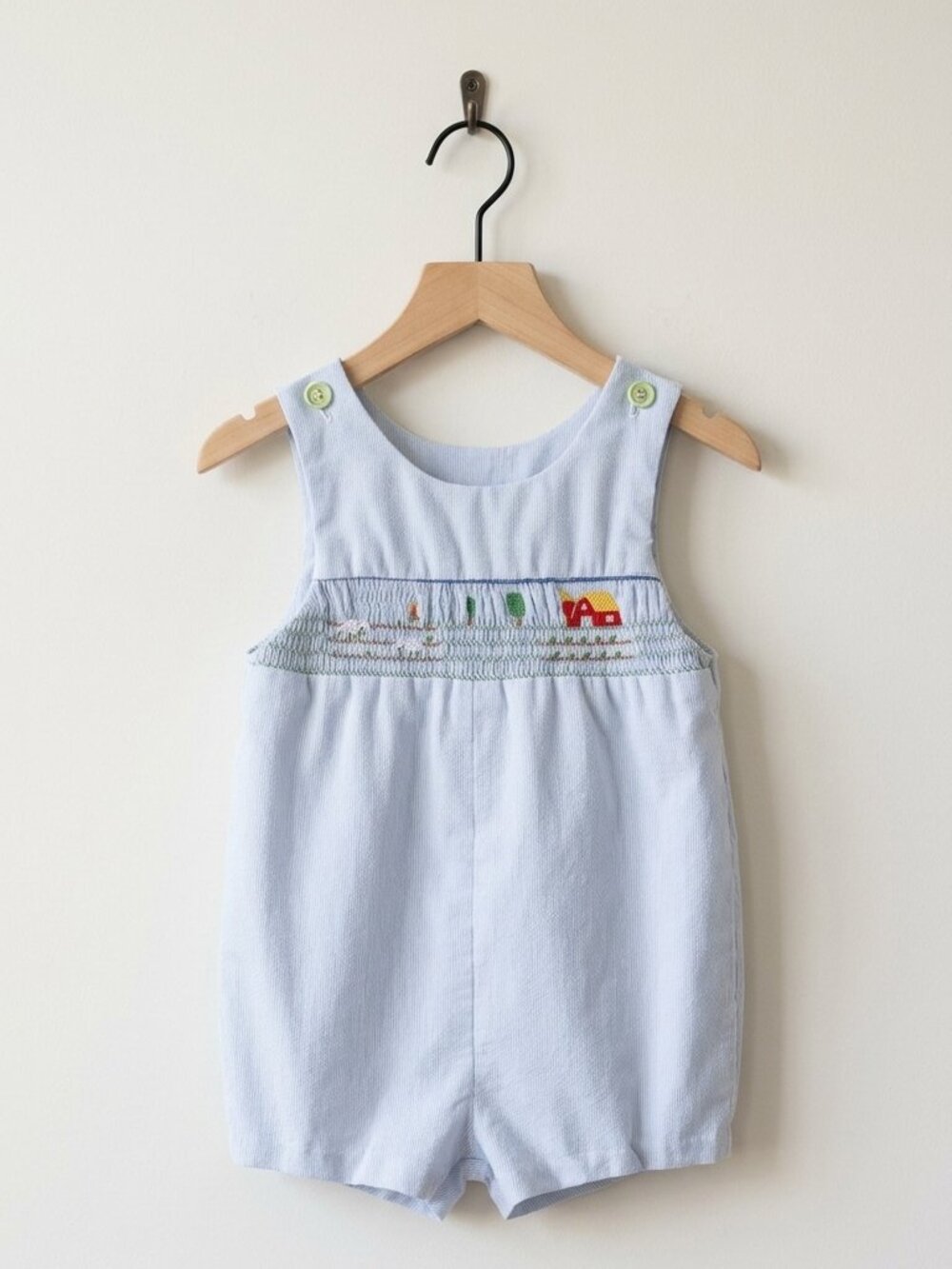 Vintage Handmade Smocked Baby Jon Jon Romper Blue Seersucker Farm Scene 12 Month
